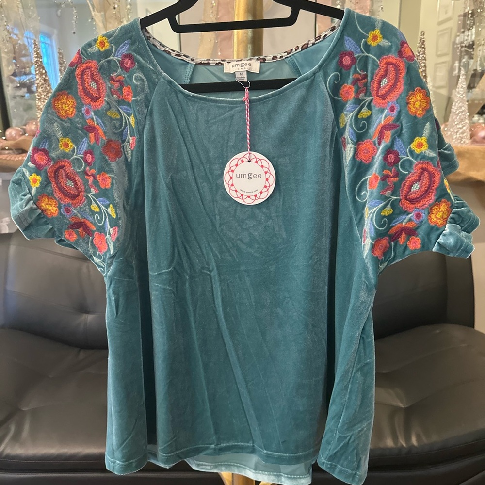 Umgee Teal Floral Embroidered Blouse